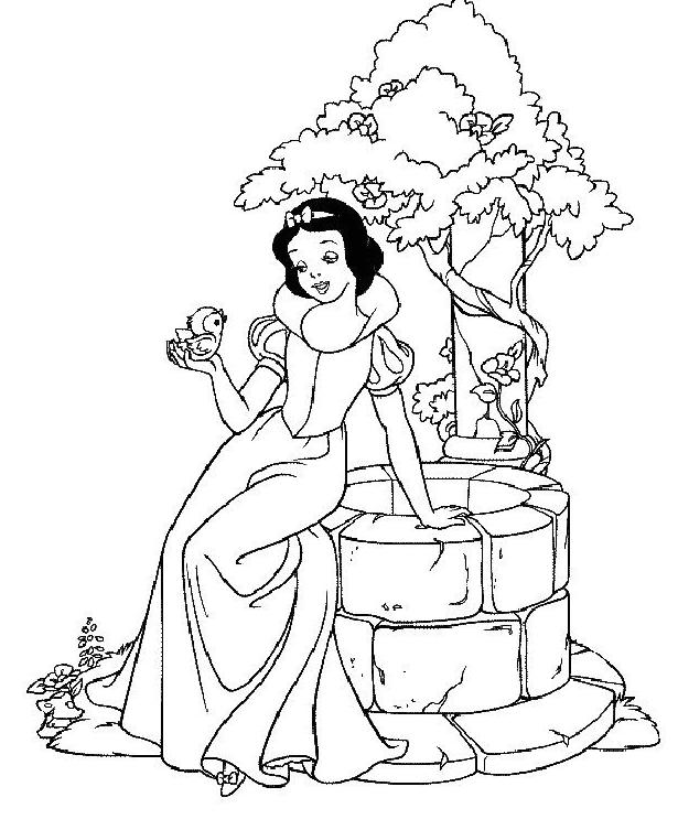 coloriage blanche neige assise sur le puit